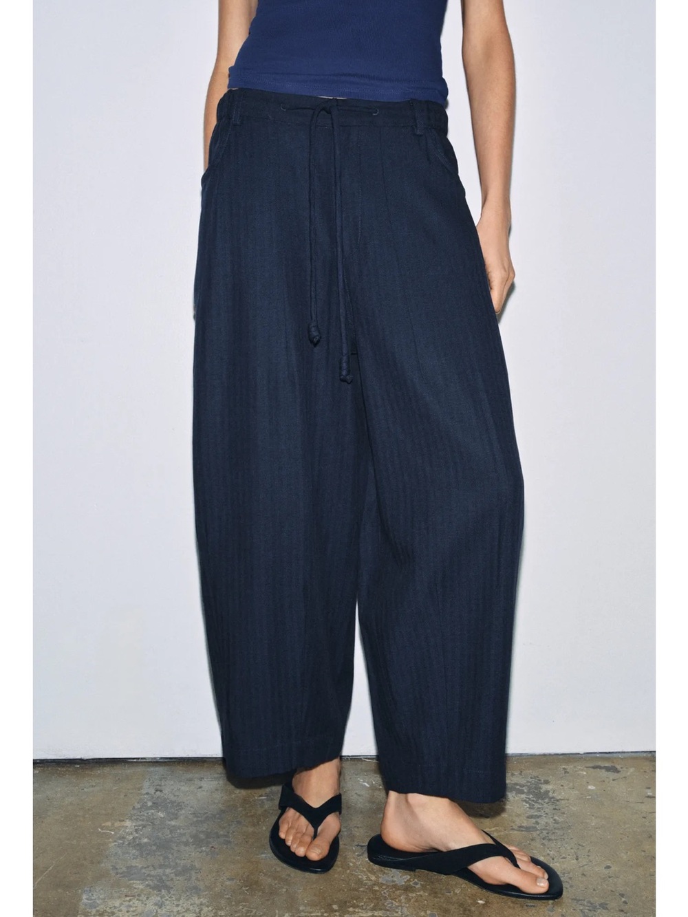 Zara Navy Wide Barrel Leg Drawstring Pants